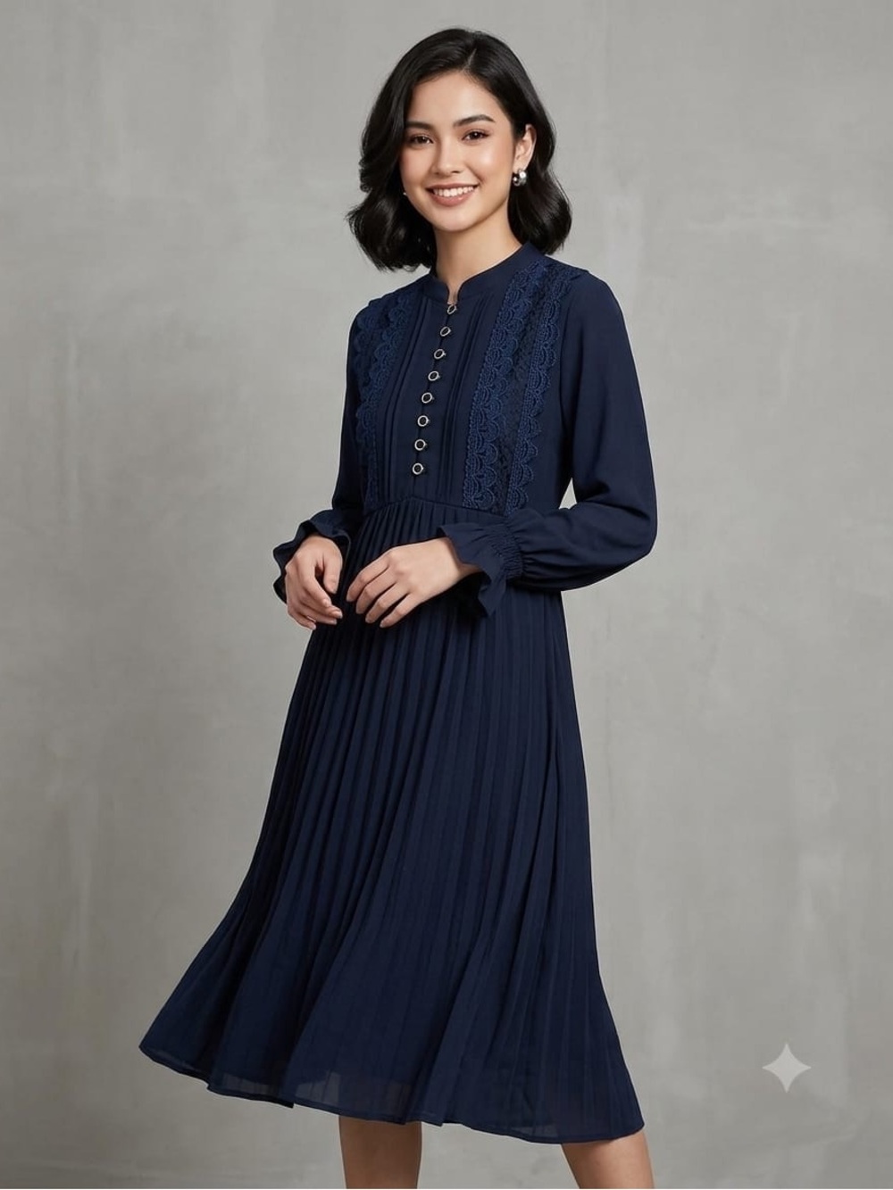 Indian Summer Navy Lace-Panel Pleated Midi Dress